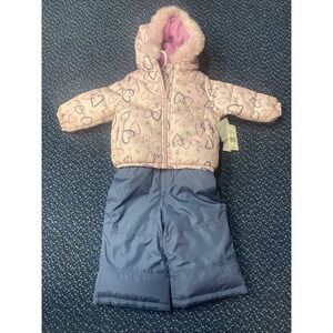 Carters Size 12 Month 2 Piece Snowsuit Heart Print, Light Pink and Navy
